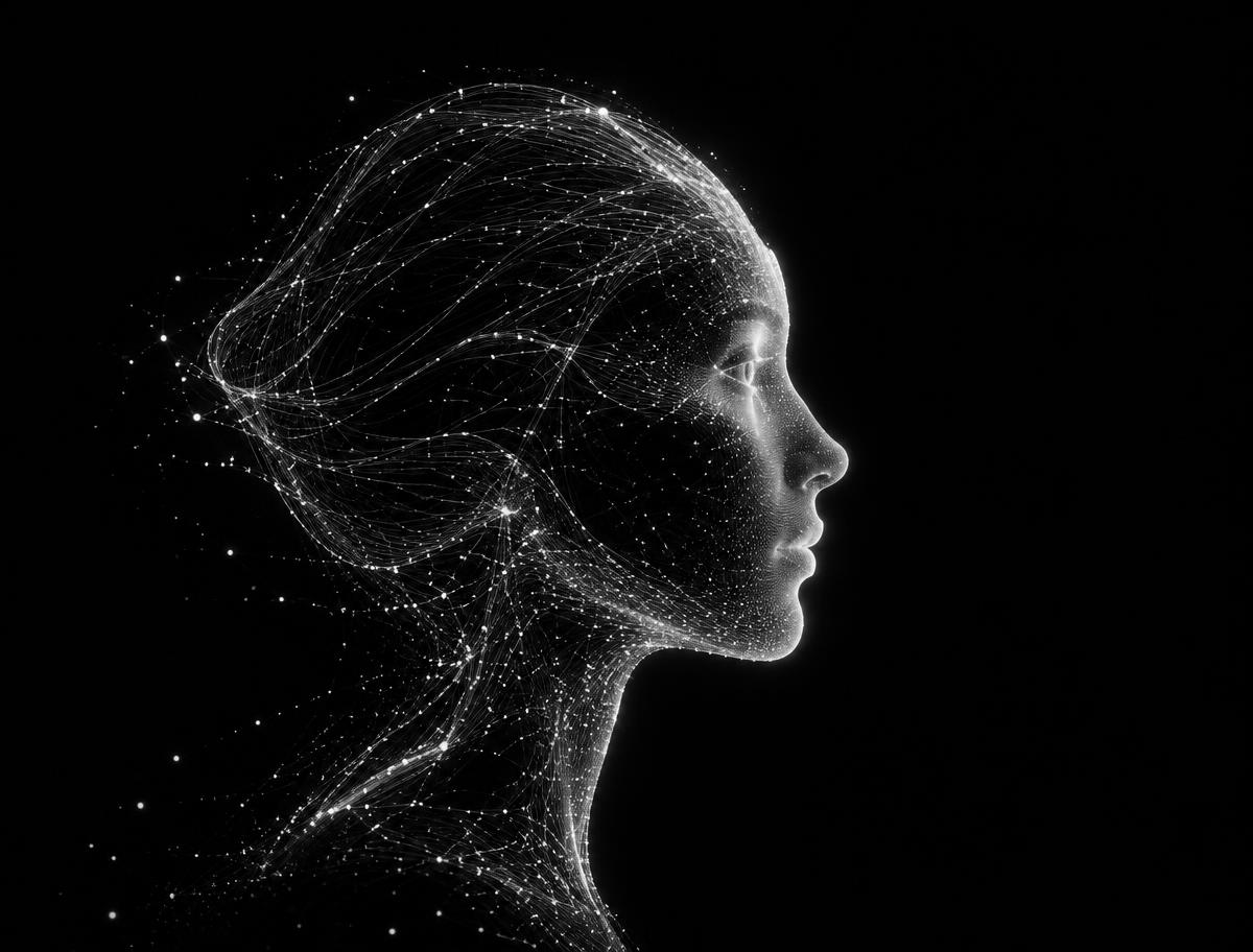 Profilo umano generato da linee luminose: agenti IA